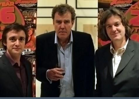 de gasten die het Engelse autoprogramma Top Gear presenteren. Van links naar rechts: Richard Hammond, Jeremy Clarkson, James May