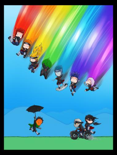 Colorful Akatsuki. Hidan is mad at Sasori because Sasori stole his color xD