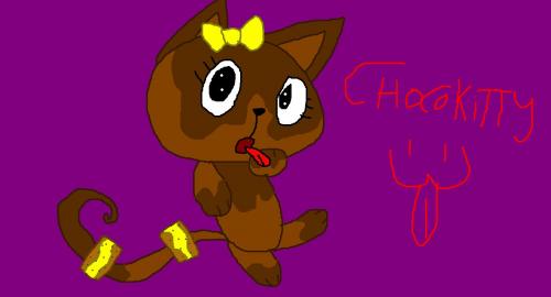 Chocokitty is gemaakt van: Chocolaaa met een hele klodder pure chocola over haar heen..mert banaan met vanille koekjes op haar staart..haar strikje van banaan in de vorm gemaakt van strikje..haar ogen zijn van drop...wil je haar hebben :P